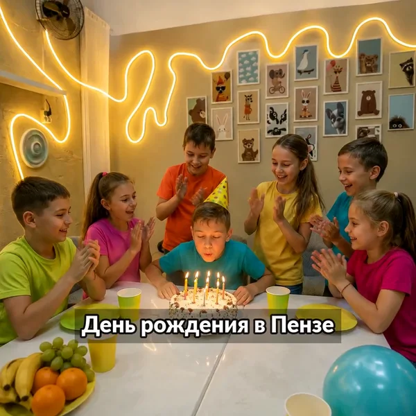 Кадр ролика «День рождения в Пензе»: дети за праздничным столом задувают свечи на торте, формат 1:1