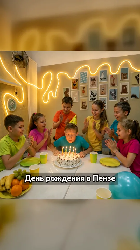 Кадр ролика «День рождения в Пензе»: дети за праздничным столом задувают свечи на торте, формат 9:16